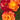Close-up of three roses with layered petals in orange, yellow, and deep red, surrounded by dark green leaves.