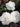 Three white double-flower roses with ruffled petals, one fully open, one in bud form, and one partially open, set against dark green foliage.