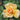A close-up of a yellow-orange rose bloom with soft peachy-pink edges, surrounded by dark green leaves and a blurred garden background.